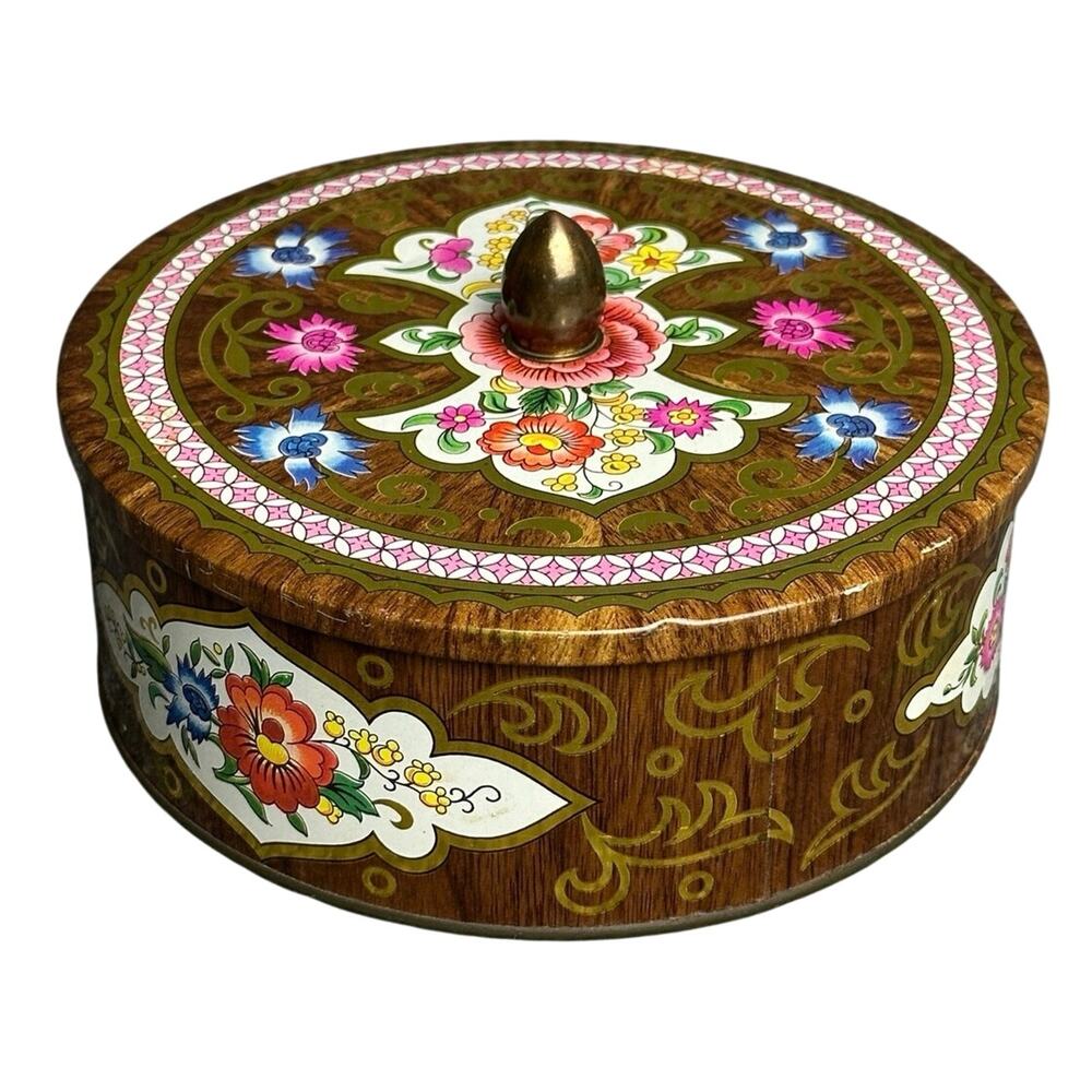 Vintage Daher England tin round brown gold multi ornate knob lid floral 7x3